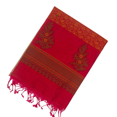 Taupe Handloom Kora Silk Cotton Saree With Buttas & Pink Pallu