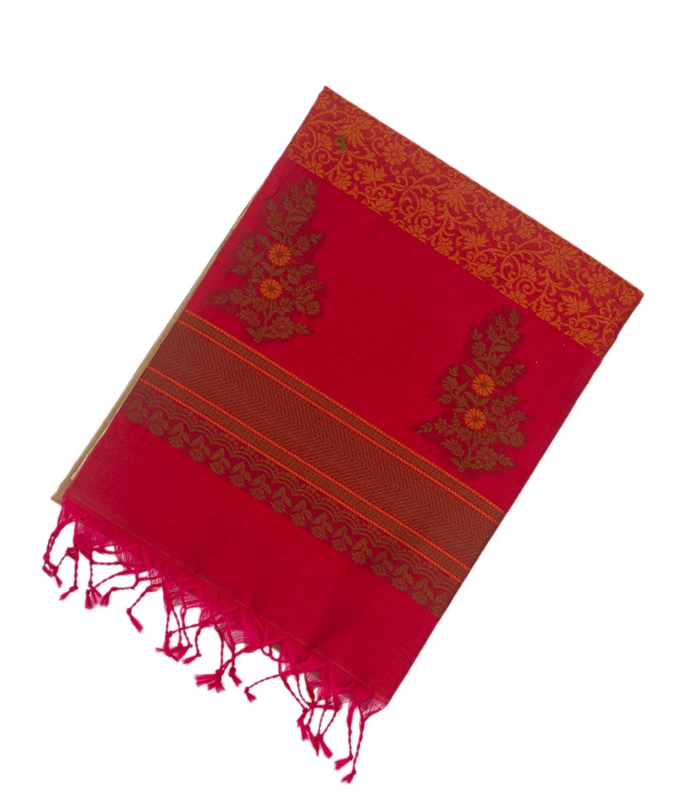 Taupe Handloom Kora Silk Cotton Saree With Buttas & Pink Pallu