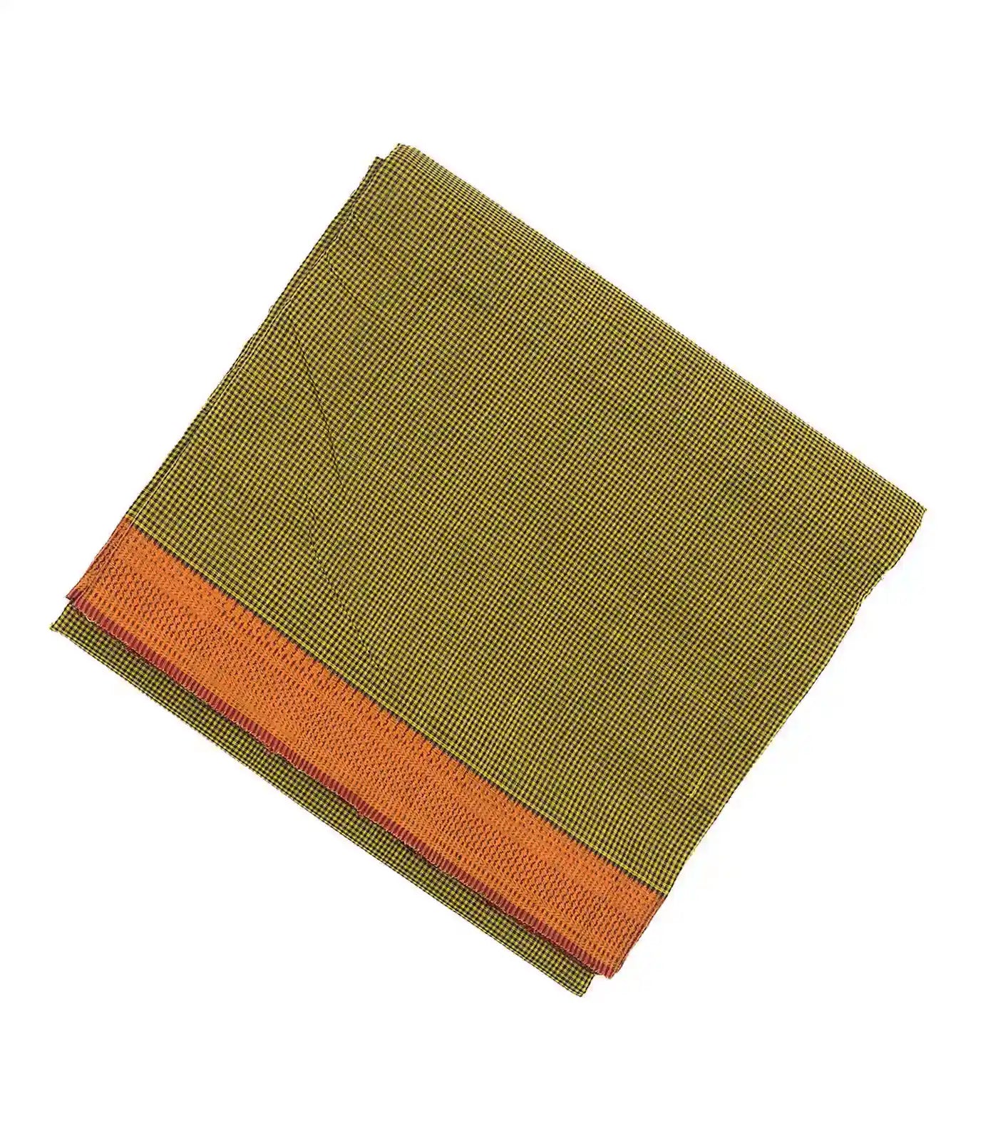 Olive Green Mangalagiri Cotton Saree With Checks & Contrast Border