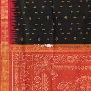 Black Red Fish Motif Sambalpuri Silk Saree with Tissue Anchal