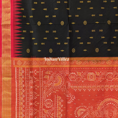 Black Red Fish Motif Sambalpuri Silk Saree with Tissue Anchal