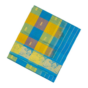 Blue Handloom Silk Cotton Saree With Checks And Buttas