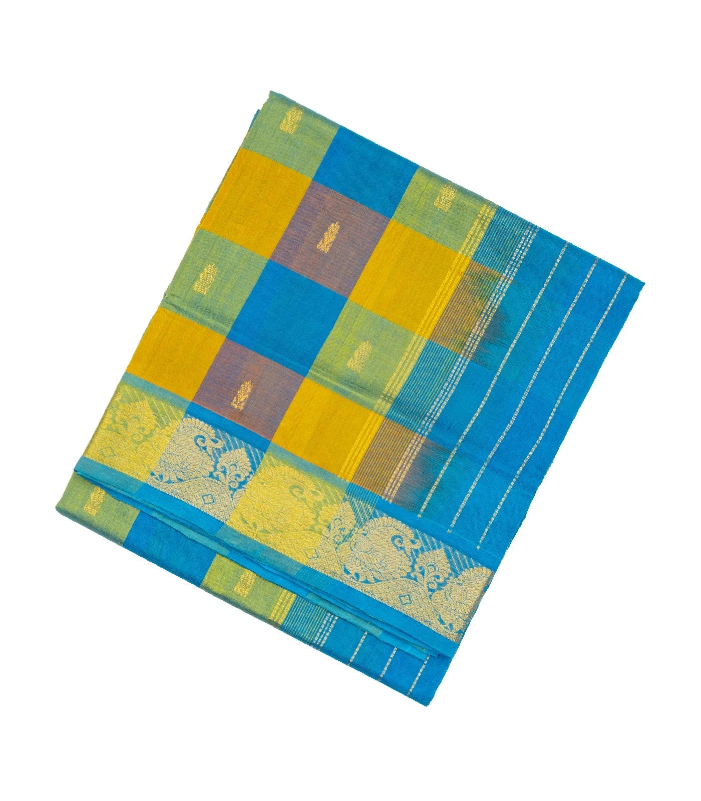 Blue Handloom Silk Cotton Saree With Checks And Buttas