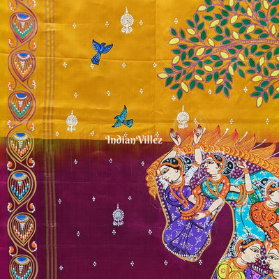 Yellow Kandarpa Ashwa (Horse) Pattachitra Saree
