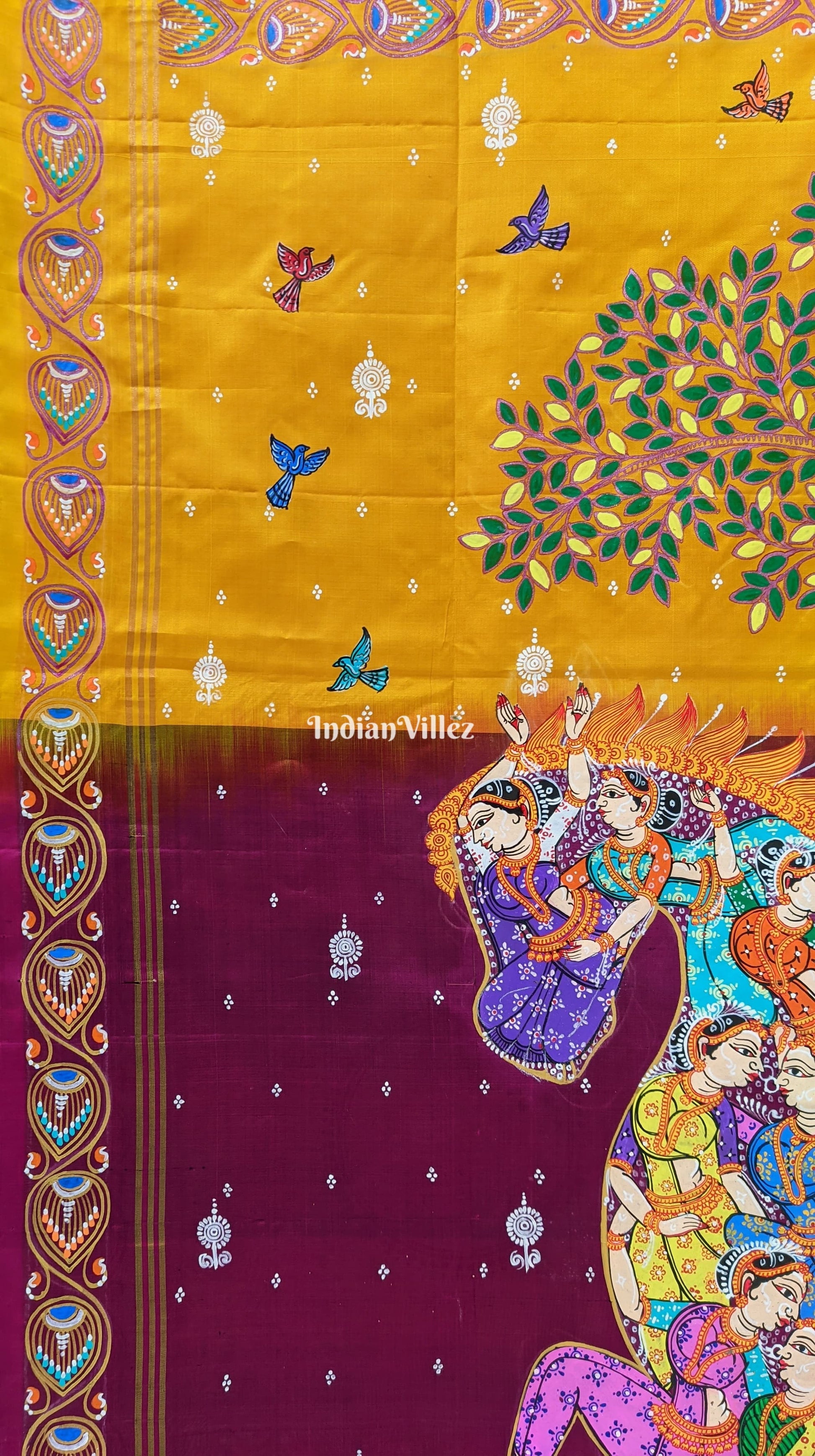 Yellow Kandarpa Ashwa (Horse) Pattachitra Saree