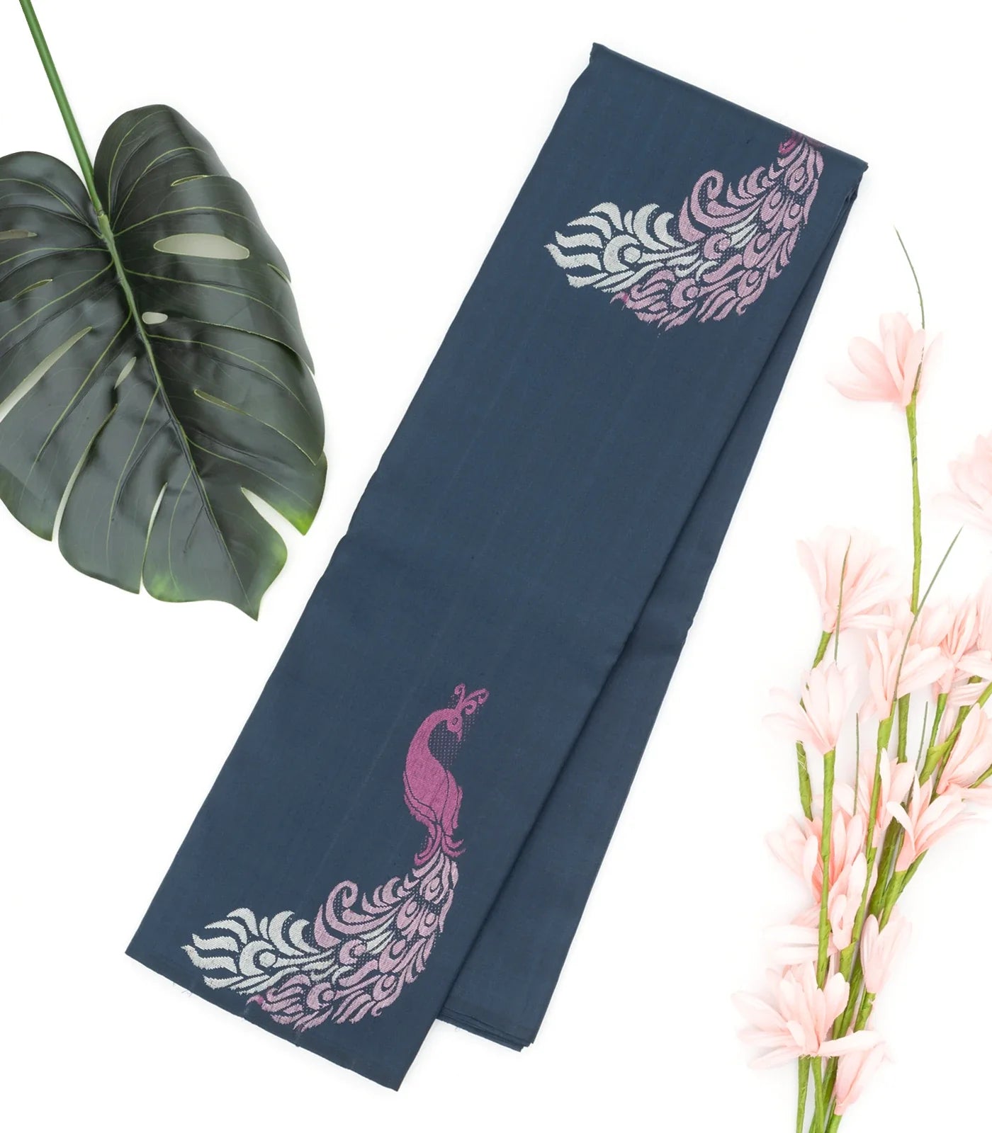 Navy Blue Handloom Kanchipuram Silk Saree With Peacock Buttas