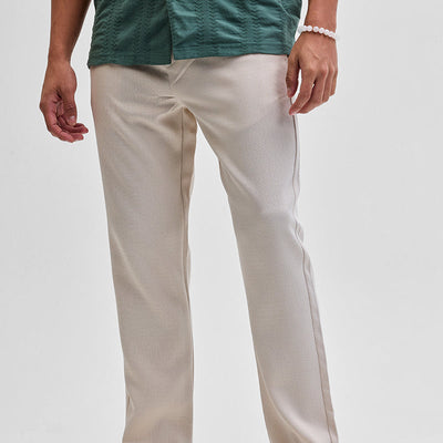 Cream Self-Design Slim Fit Trousers