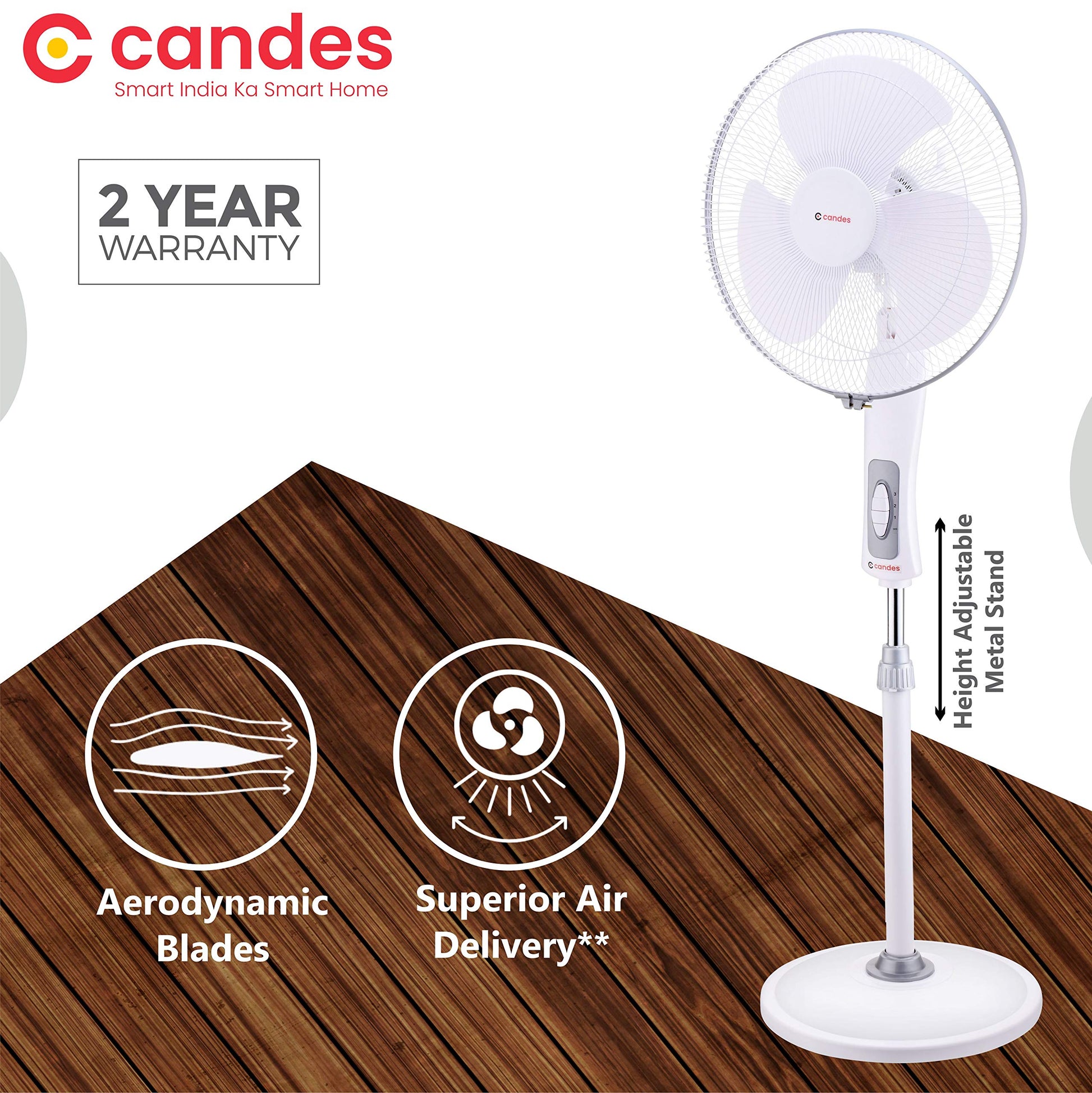 Candes Platine 400mm 3 Blade Automatic Oscillation Pedestal Fan With 2 Years Warranty (White Silver)