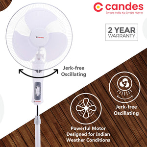 Candes Platine 400mm 3 Blade Automatic Oscillation Pedestal Fan With 2 Years Warranty (White Silver)