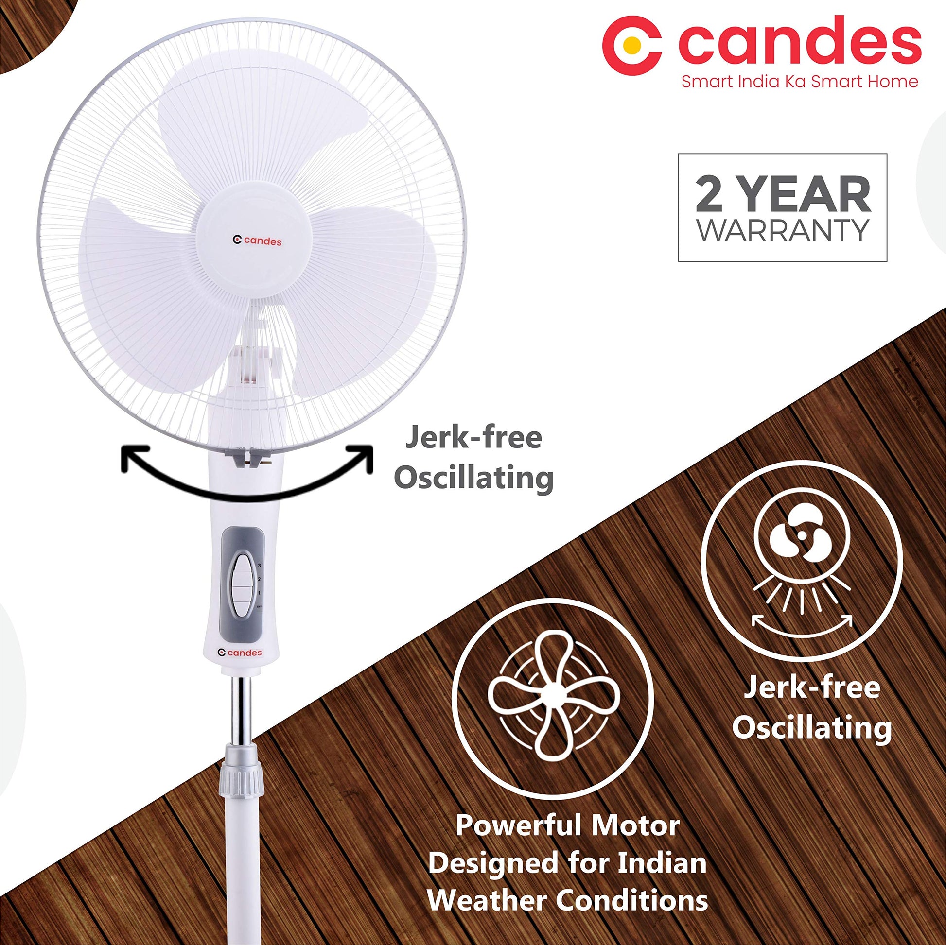 Candes Platine 400mm 3 Blade Automatic Oscillation Pedestal Fan With 2 Years Warranty (White Silver)
