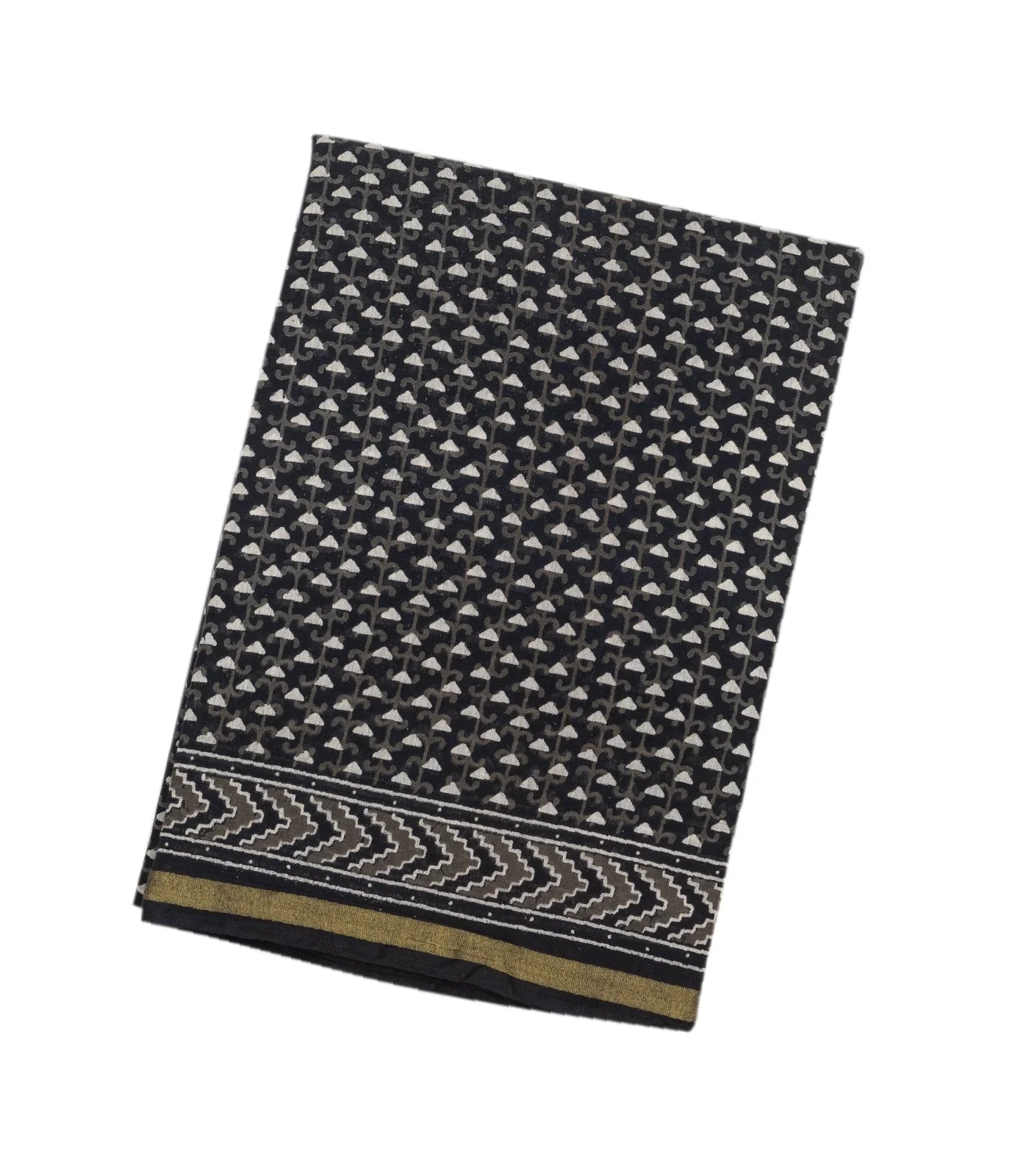 Black Woven Jaipur Cotton Saree And Printed Triangle Motifs