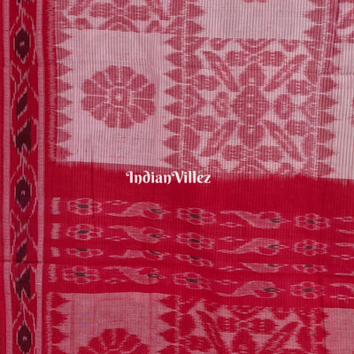 White Red Computer Design Sambalpuri Ikat Maniabandha Cotton  Saree