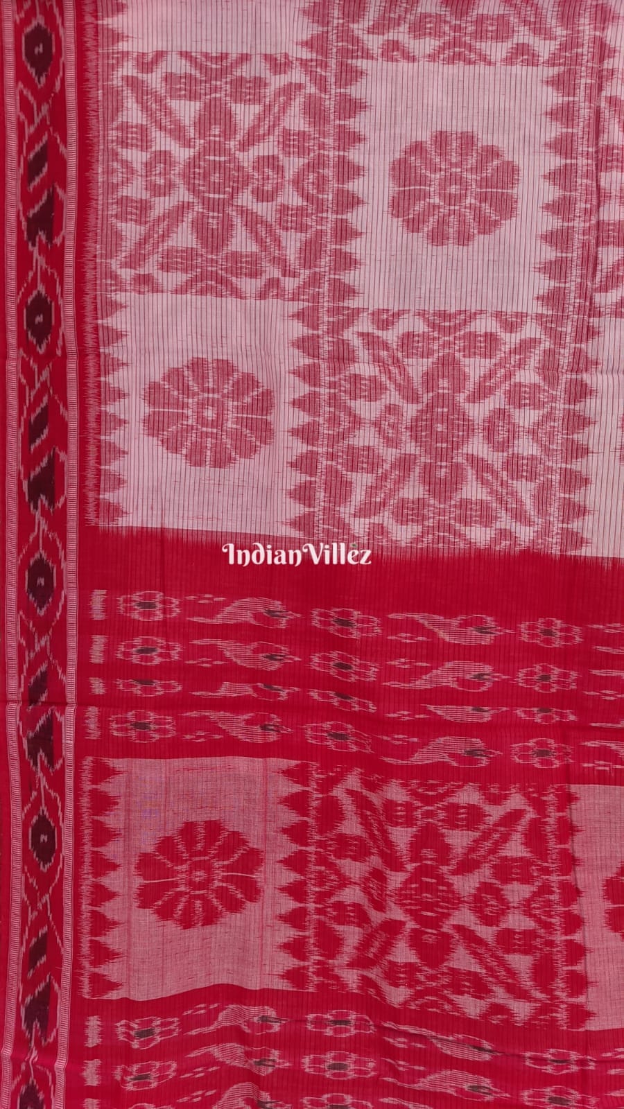 White Red Computer Design Sambalpuri Ikat Maniabandha Cotton  Saree