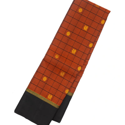 Rust Handloom Kanchipuram Korvai Silk Saree With Checks & Buttas