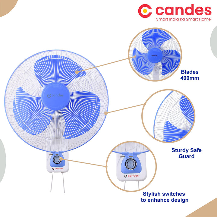 Candes Aura 3 Blade Automatic Oscillation Wall Fan With 2 Year Warranty (White Blue, 400mm)