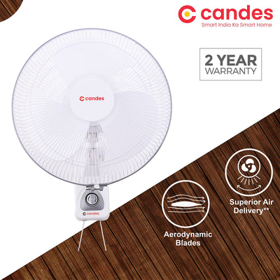 Candes Aura 3 Blade Automatic Oscillation Wall Fan With 2 Year Warranty (White Silver, 300mm)