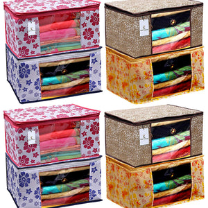 Kuber Industries Metalic & Flower Printed 8 Piece Non Woven Fabric Saree Cover Set with Transparent Window, Extra Large, Pink & Blue & Ivory Red & Golden Brown -CTKTC040935