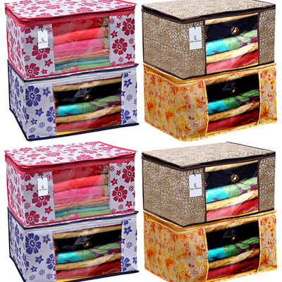 Kuber Industries Metalic & Flower Printed 8 Piece Non Woven Fabric Saree Cover Set with Transparent Window, Extra Large, Pink & Blue & Ivory Red & Golden Brown -CTKTC040935