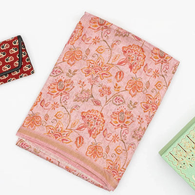 Baby Pink Handwoven Linen Saree Printed With Flower Motifs