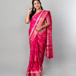 Hot Pink Woven Dola Synthetic Saree With Floral Motifs