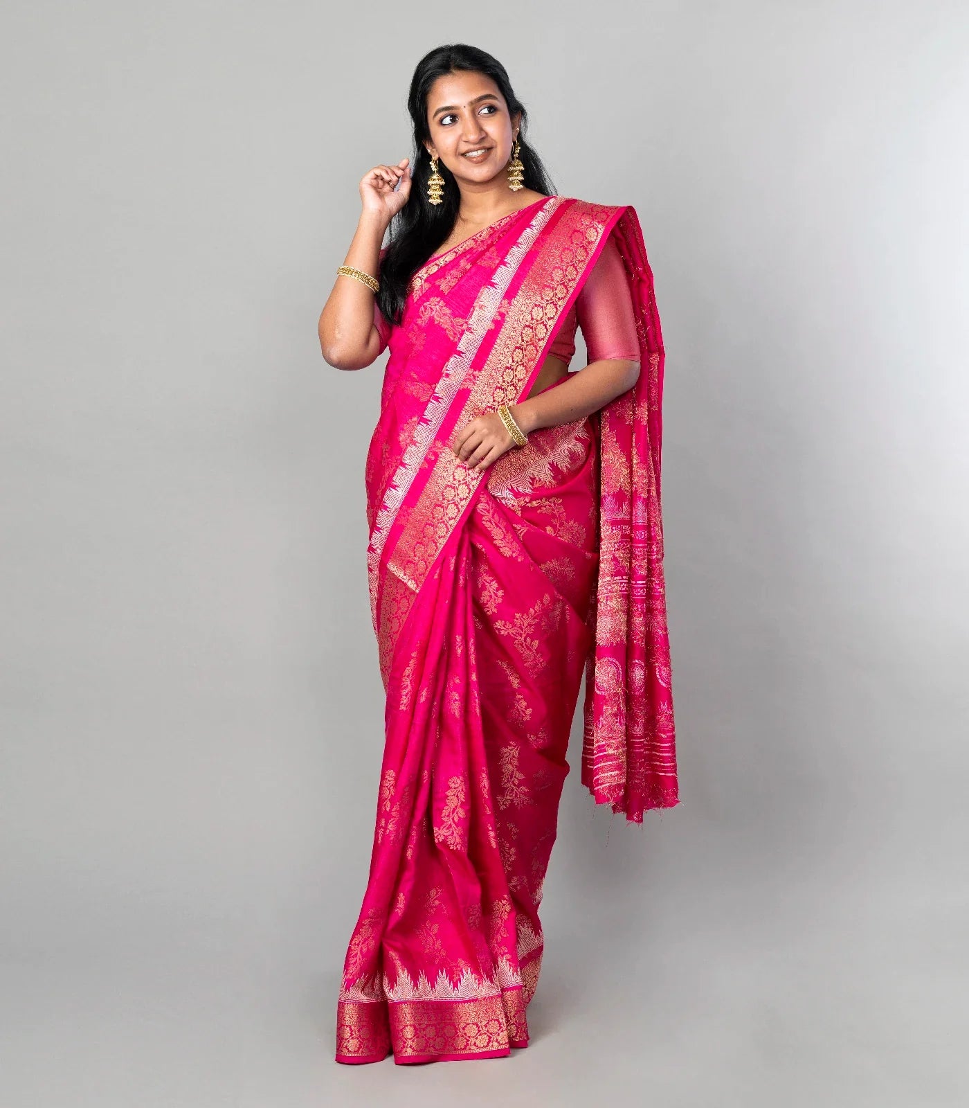 Hot Pink Woven Dola Synthetic Saree With Floral Motifs
