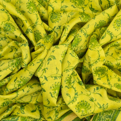 Lemon Yellow Handloom Chanderi Cotton Saree With Printed Green Floral Motif