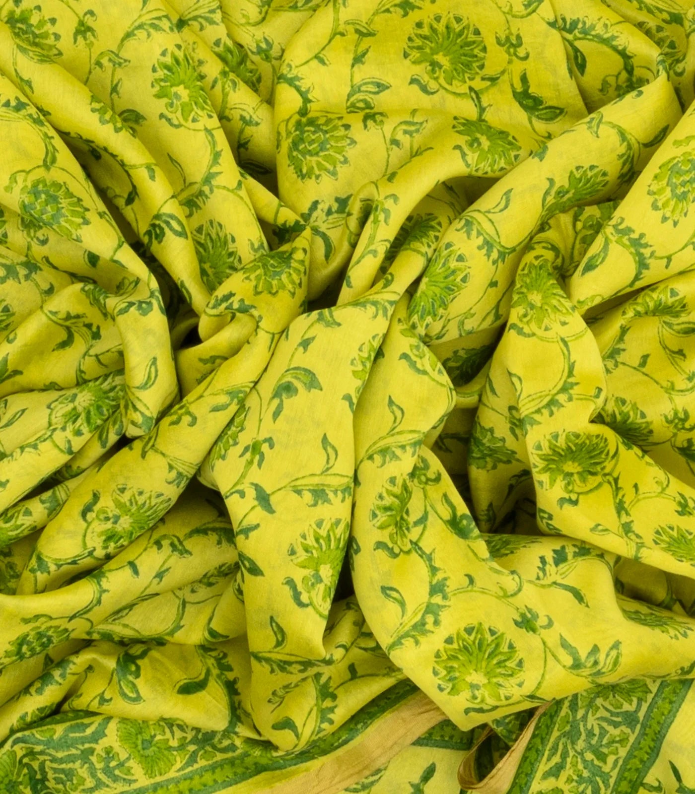 Lemon Yellow Handloom Chanderi Cotton Saree With Printed Green Floral Motif