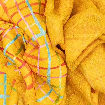 Mustard Woven Tussar Silk Saree With Printed Stripes