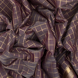 Dark Grey Handloom Silk Cotton Saree With Zari Checks