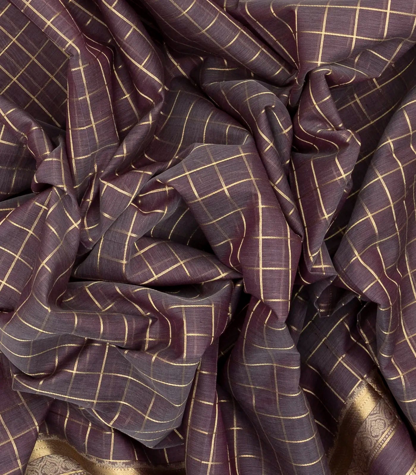 Dark Grey Handloom Silk Cotton Saree With Zari Checks