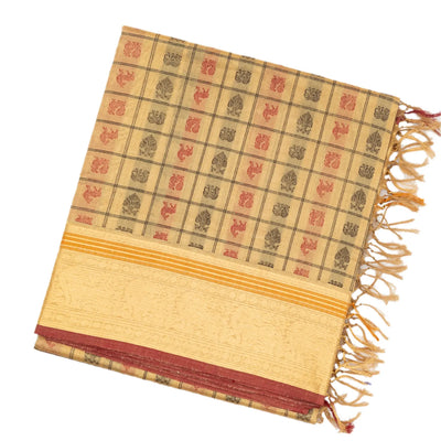 Cream Handloom Silk Cotton Saree With Checks & Gandaberunda Motifs