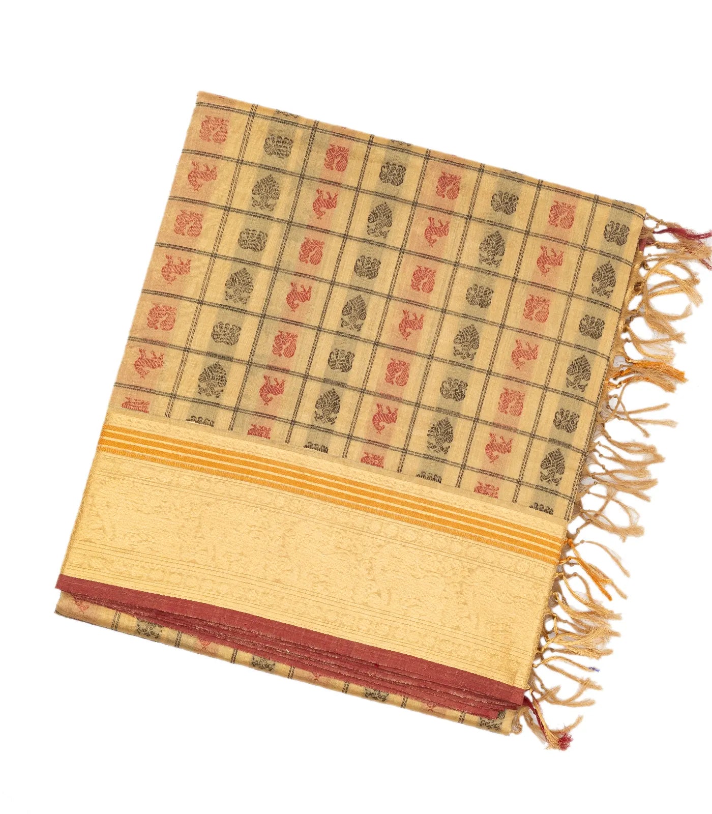Cream Handloom Silk Cotton Saree With Checks & Gandaberunda Motifs