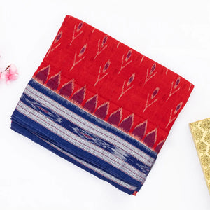 Red Orissa Cotton Saree With Tie & Dye Motifs & Contrast Navy Blue Border