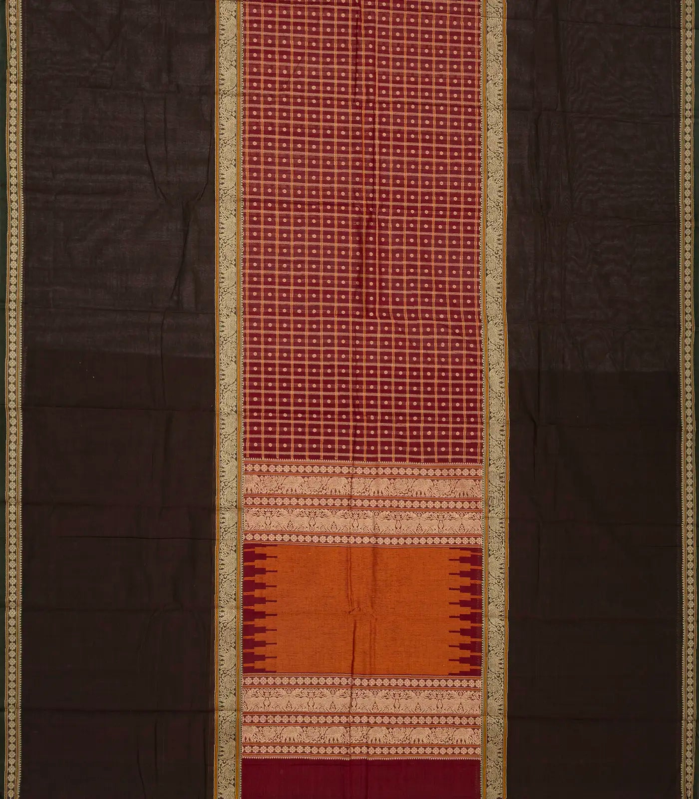 Crimson Handloom Kanchi Cotton Muppagam Saree With Checks & Button Motifs