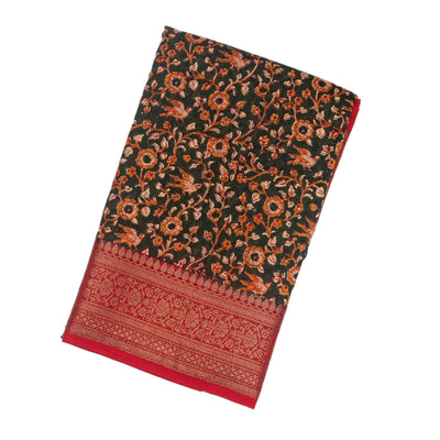 Dark Green Woven Chanderi Cotton Saree With Contrast Border