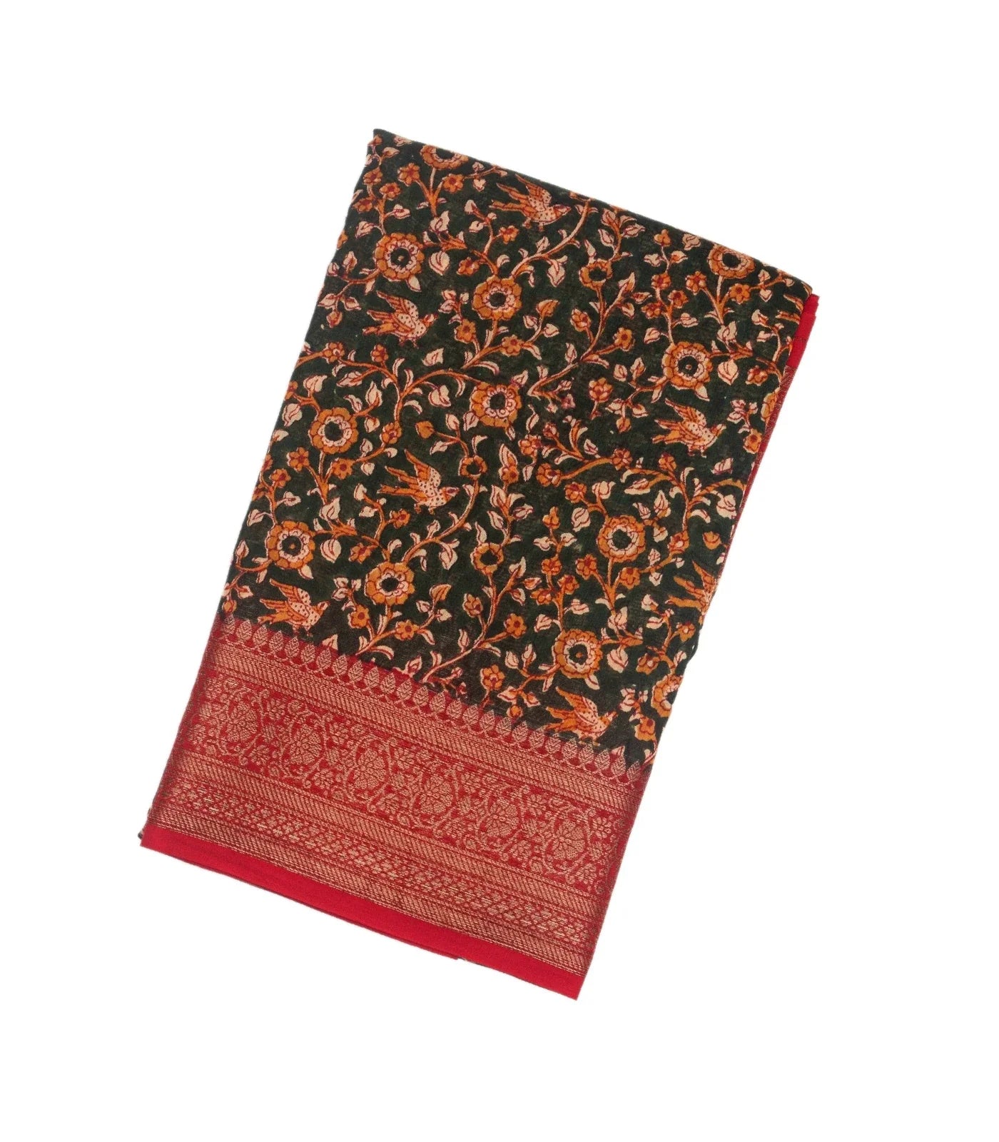 Dark Green Woven Chanderi Cotton Saree With Contrast Border