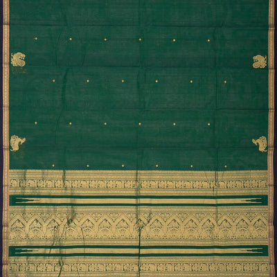 Bottle Green Handloom Kanchi Cotton Saree With Diamond Buttas