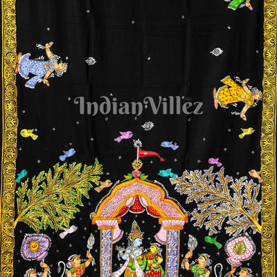 Black Radha Krishna Hand-Painted Pattachitra Saree (Pre Order)