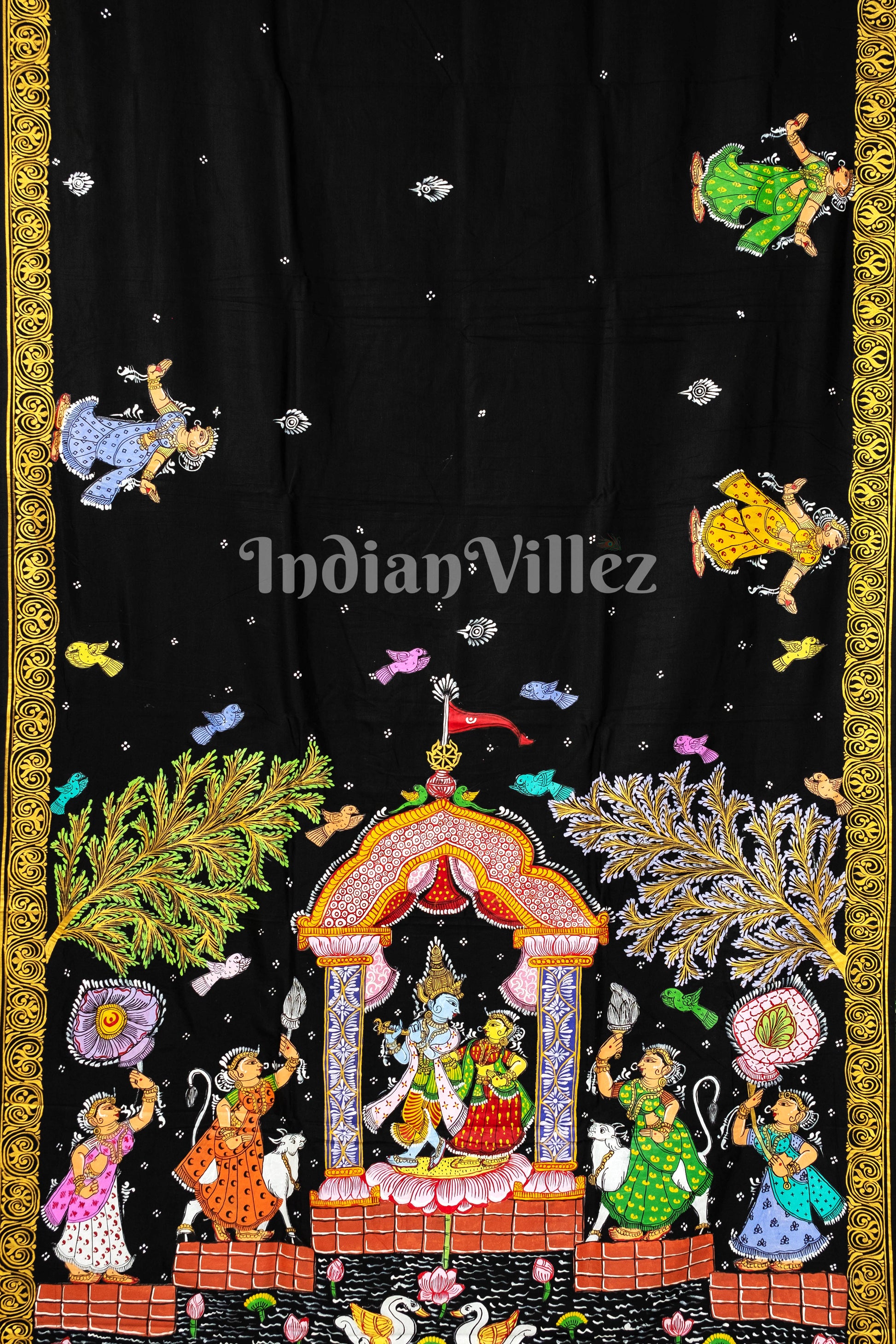 Black Radha Krishna Hand-Painted Pattachitra Saree (Pre Order)
