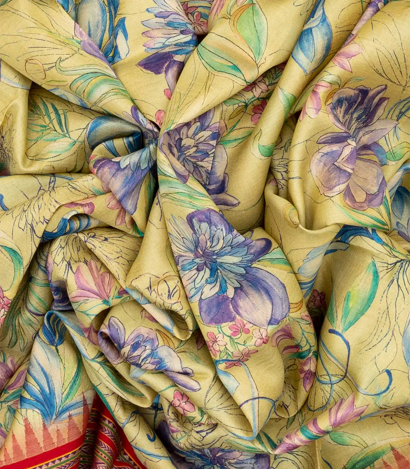 Sandal Handloom Tussar Silk Saree Printed With Floral Motifs & Ganga Jamuna Border