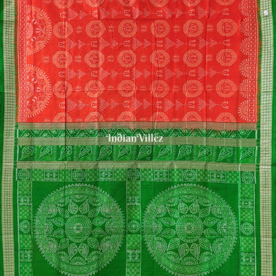 Orange Green Laxmi Pada Jhoti Design Sambalpuri Ikat Bomkai Silk Saree