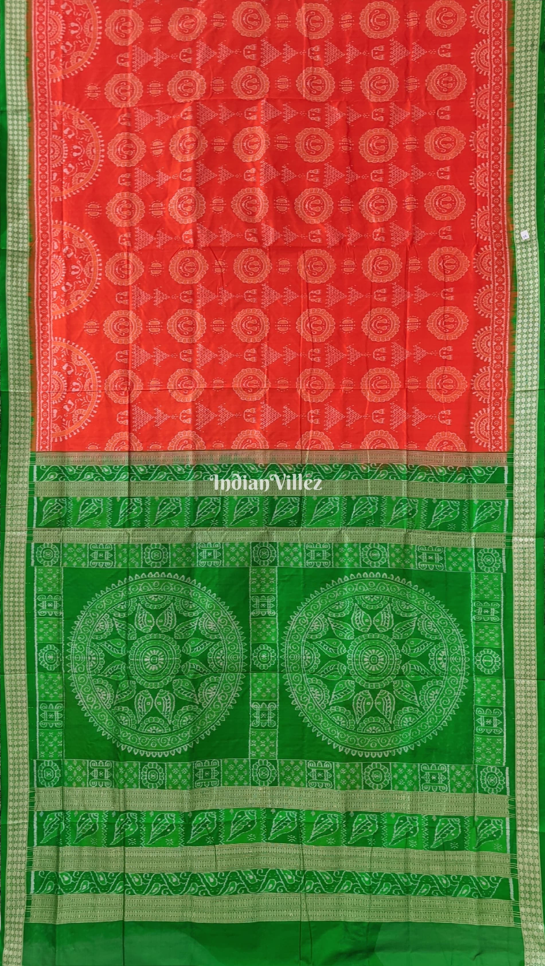 Orange Green Laxmi Pada Jhoti Design Sambalpuri Ikat Bomkai Silk Saree