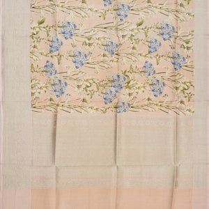 Light Peach Handloom Tussar Silk Saree With Printed Floral Motifs & Zari Border