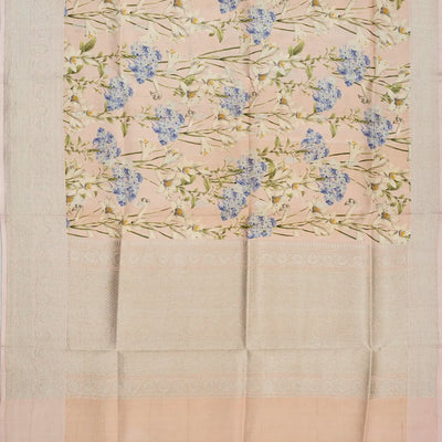 Light Peach Handloom Tussar Silk Saree With Printed Floral Motifs & Zari Border