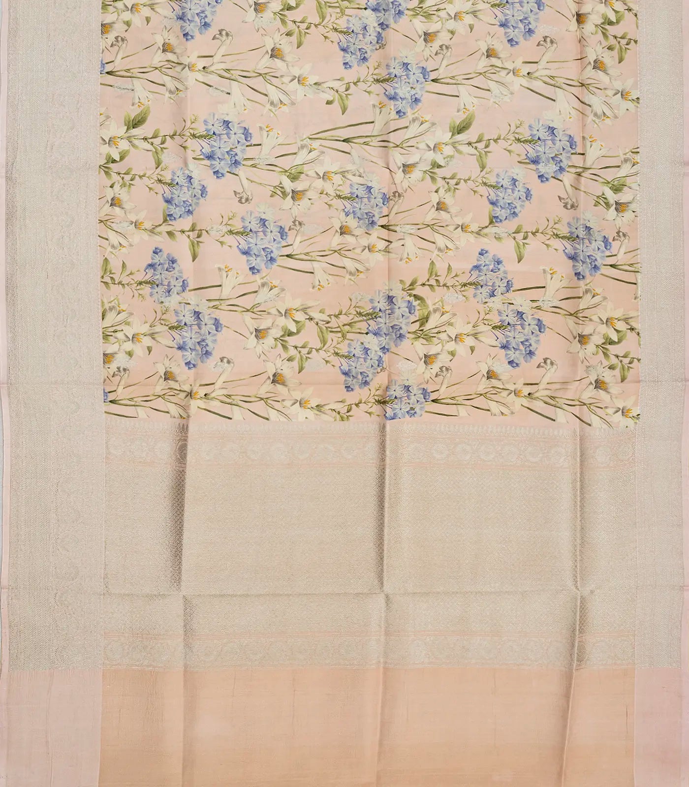 Light Peach Handloom Tussar Silk Saree With Printed Floral Motifs & Zari Border