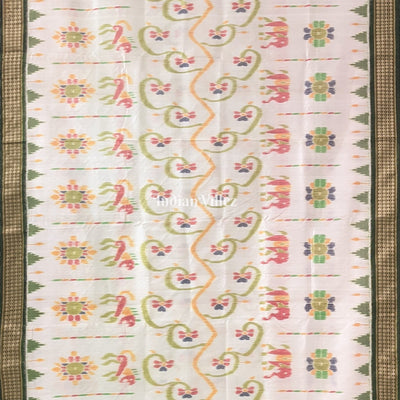 Off-White Animal Flower Theme Khandua Silk Saree