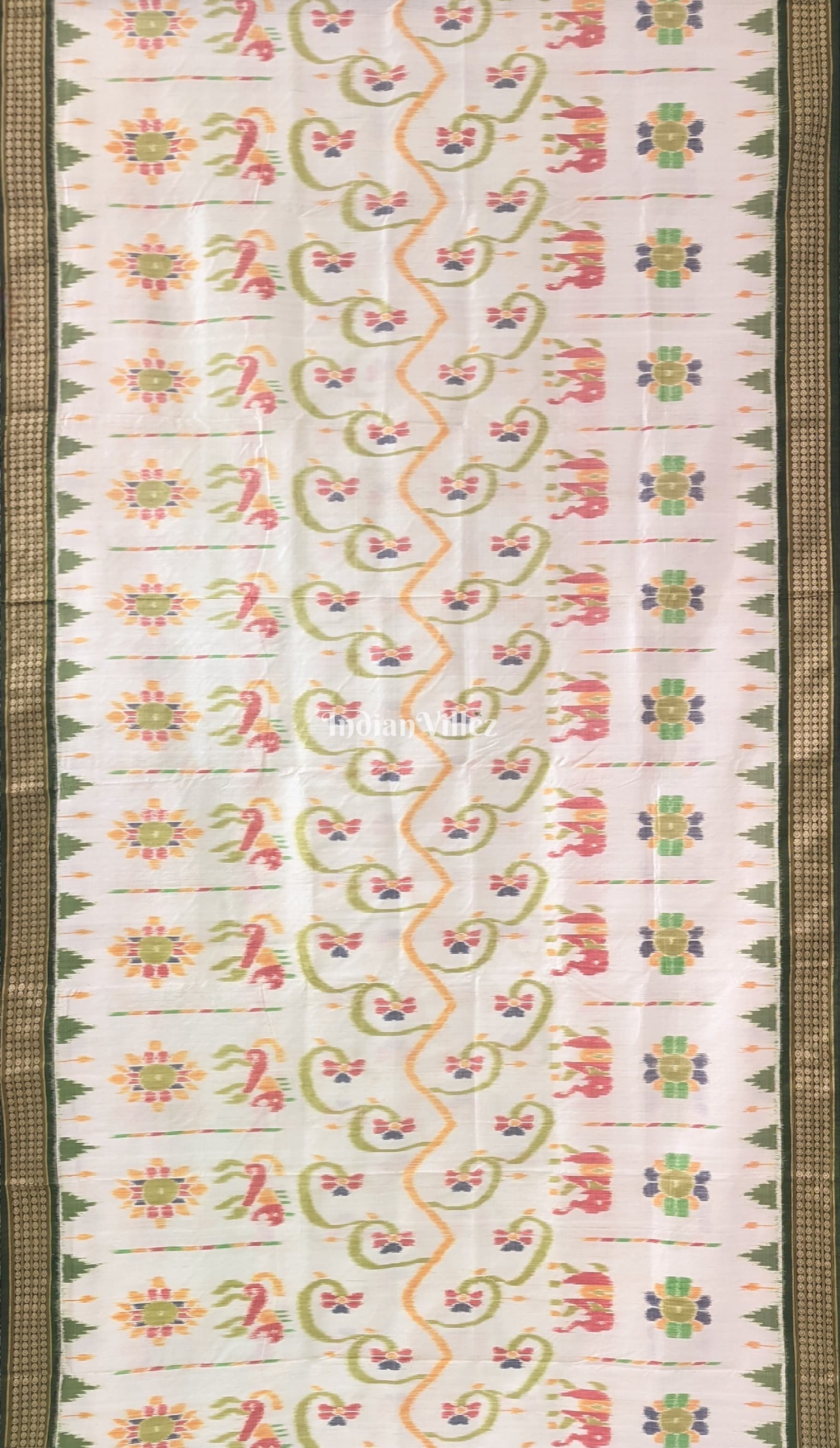 Off-White Animal Flower Theme Khandua Silk Saree