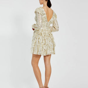 Mac Duggal 9305 Homecoming Long Sleeve Metallic Short Cocktail Dress