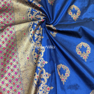 Midnight Blue Pure Banarasi Katan Silk Saree With Meena Work