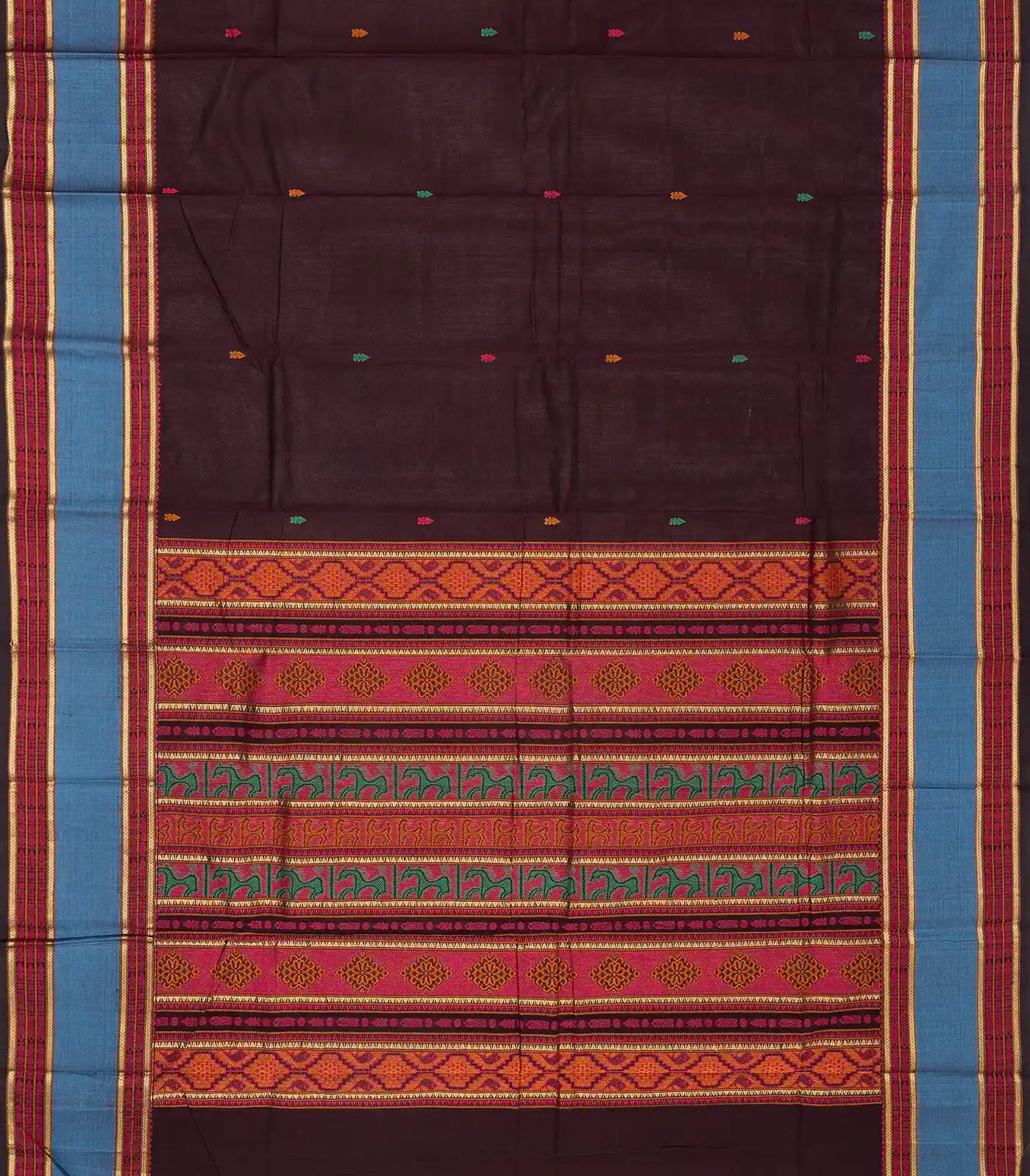 Maroon Handloom Kanchi Cotton Saree With Spearhead Buttas